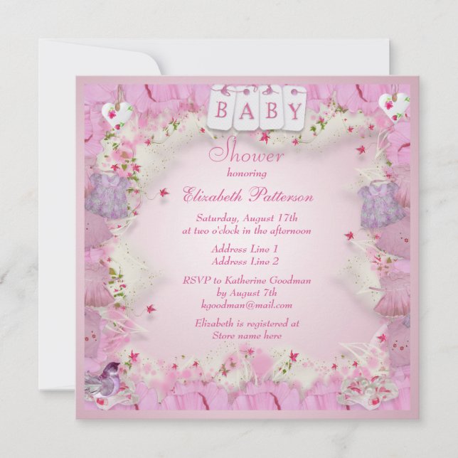 Cute Baby Clothes & Flowers Baby Girl Shower Invitation (Front)