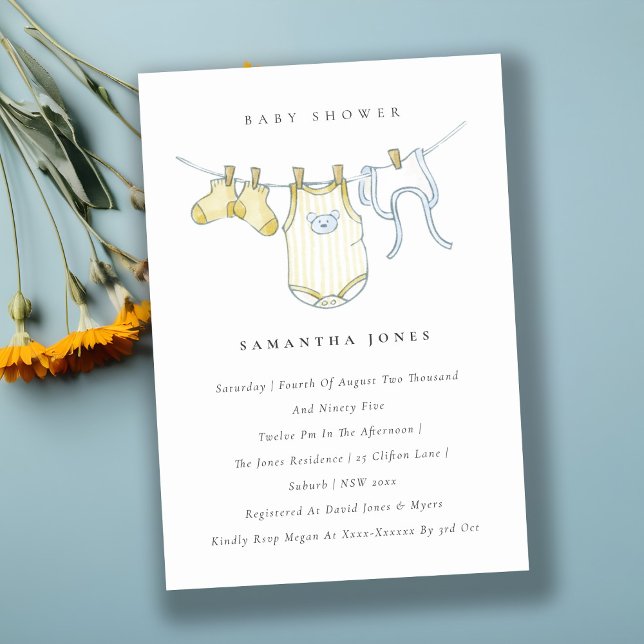 Cute Baby Clothesline Yellow Baby Shower Invite (Creator Uploaded)