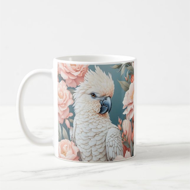Cute Baby Cockatoo Parrot Soft Pink Flowers Coffee Mug (Left)