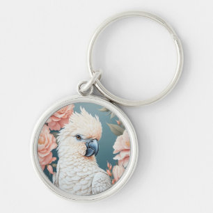 Cute Baby Cockatoo Parrot Soft Pink Flowers Key Ring