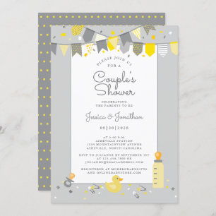 Cute Baby Couples Shower Grey Yellow Banner Modern Invitation