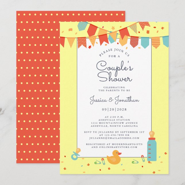 Cute Baby Couples Shower Yellow Red Teal Banner Invitation (Front/Back)