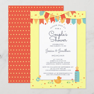 Cute Baby Couples Shower Yellow Red Teal Banner Invitation