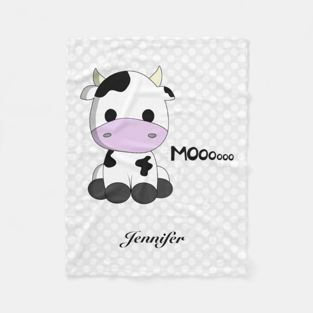 Cute baby cow cartoon kids name fleece blanket (Front)