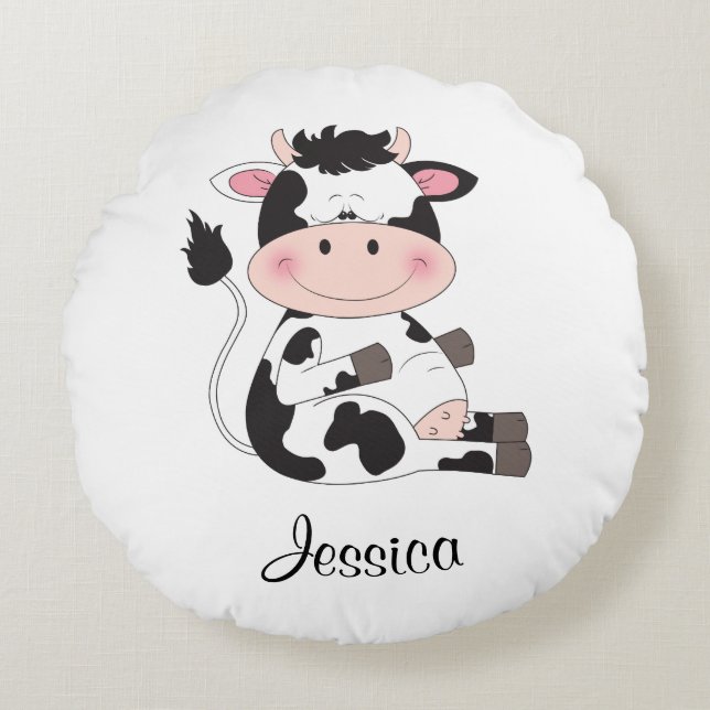 Cute Baby Cow Cartoon Round Cushion (Front)