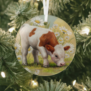 Cute Baby Cow,Daisies,Country,Watercolor Glass Tree Decoration