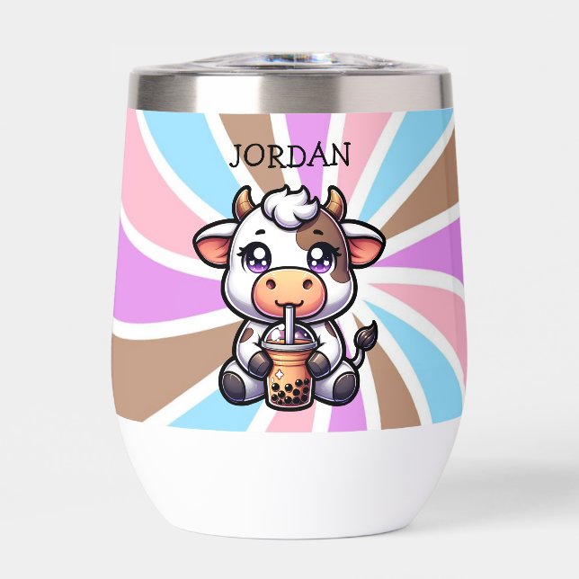  Cute Baby Cow Drinking Boba Kawaii Cartoon (Front)
