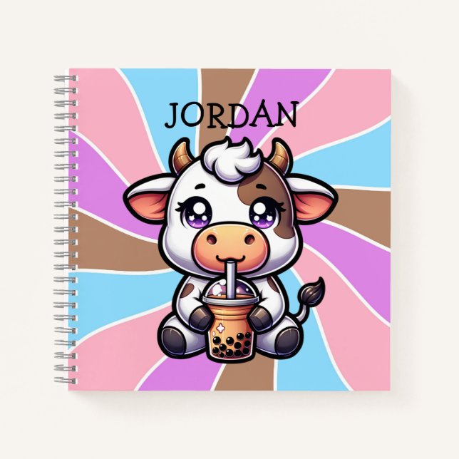  Cute Baby Cow Drinking Boba Kawaii Cartoon Notebook (Front)