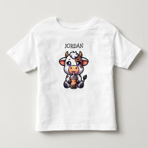  Cute Baby Cow Drinking Boba Kawaii Cartoon Toddler T-Shirt