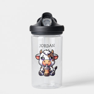 Cute Baby Cow Drinking Boba Kawaii Cartoon Water Bottle