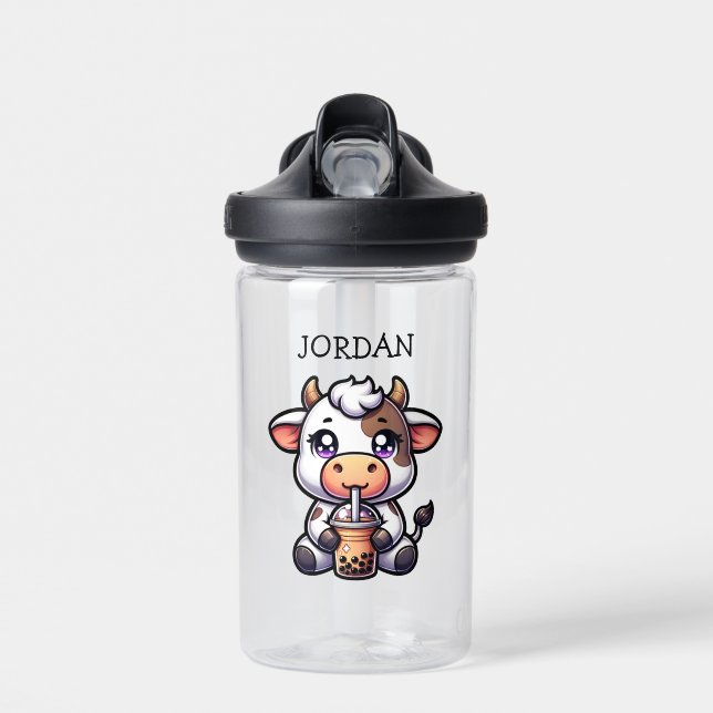  Cute Baby Cow Drinking Boba Kawaii Cartoon Water Bottle (Front)