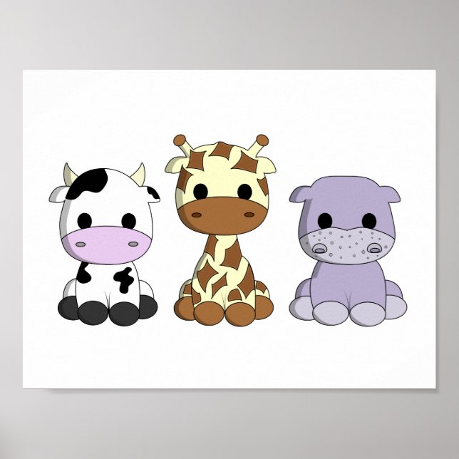 Cute baby cow giraffe hippo cartoon nursery poster (Front)