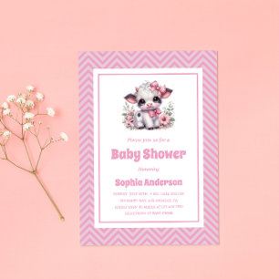Cute Baby Cow Girl Baby Shower - Pink Floral Farm Invitation
