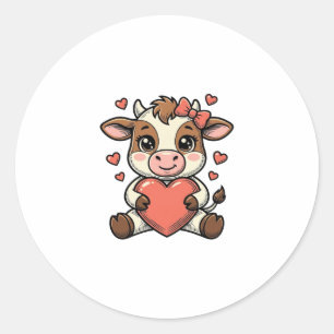Cute Baby Cow Holding Heart Vintage Engraving Shir Classic Round Sticker