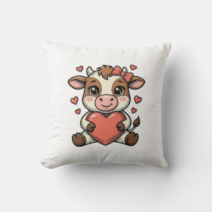Cute Baby Cow Holding Heart Vintage Engraving Shir Cushion