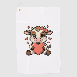 Cute Baby Cow Holding Heart Vintage Engraving Shir Golf Towel
