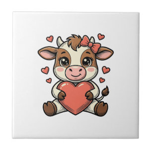 Cute Baby Cow Holding Heart Vintage Engraving Shir Tile