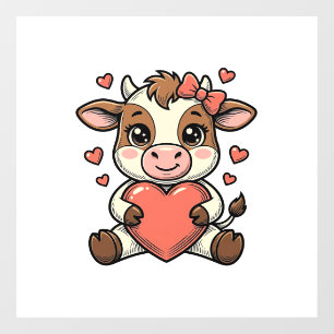 Cute Baby Cow Holding Heart Vintage Engraving Shir Window Cling