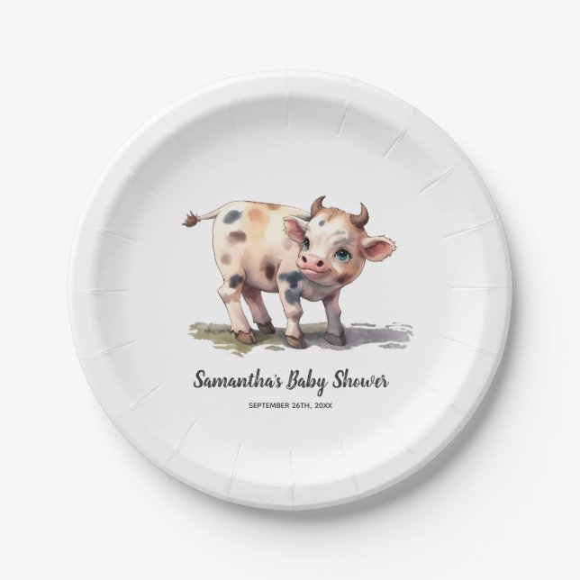 Cute baby Cow, Holy Cow! Farm Animal Baby Shower Paper Plate (Front)