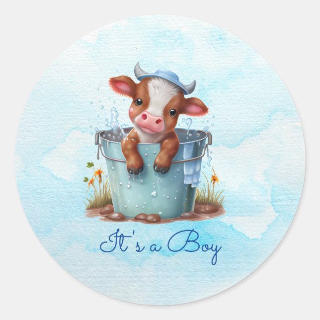 Cute Baby Cow in Bucket Blue Baby Shower Its a Boy Classic Round Sticker (Front)