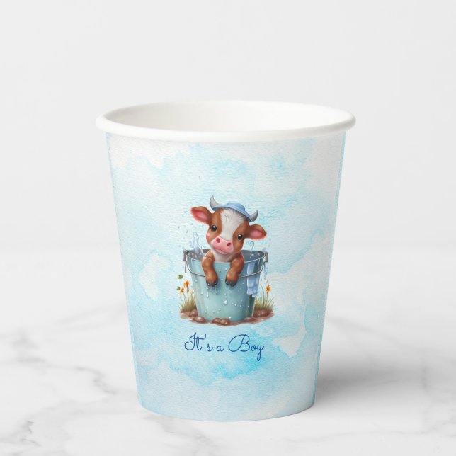 Cute Baby Cow in Bucket Blue Baby Shower Its a Boy Paper Cups (Front)