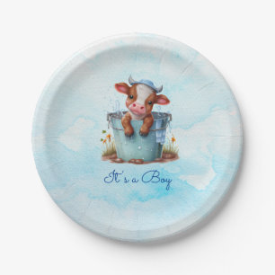 Cute Baby Cow in Bucket Blue Baby Shower Its a Boy Paper Plate