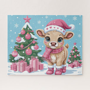 Cute Baby Cow Pink Christmas Jigsaw Puzzle