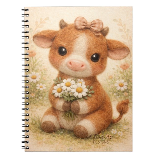 Cute Baby Cow with Daisies – Whimsical Farm Notebook (Front)