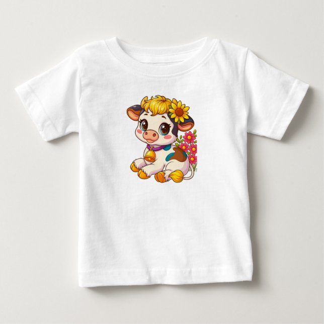 Cute Baby Cow with Flowers Tshirt (Front)