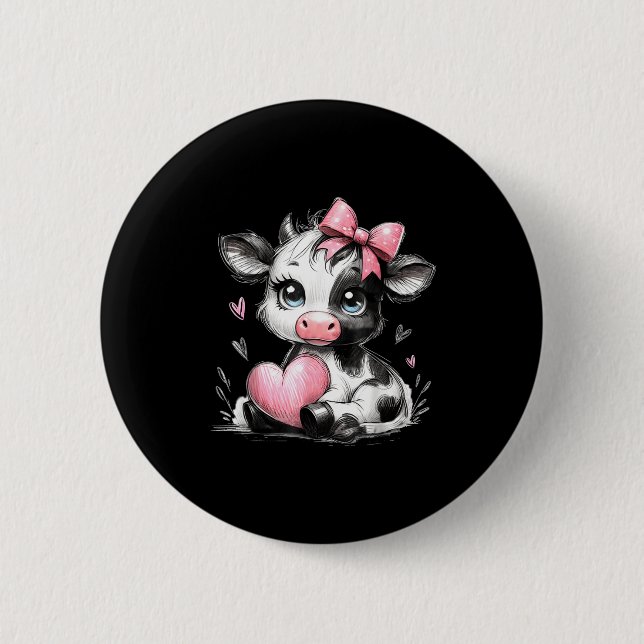 Cute Baby Cow With Nk Coquette Bow Holding Heart  6 Cm Round Badge (Front)