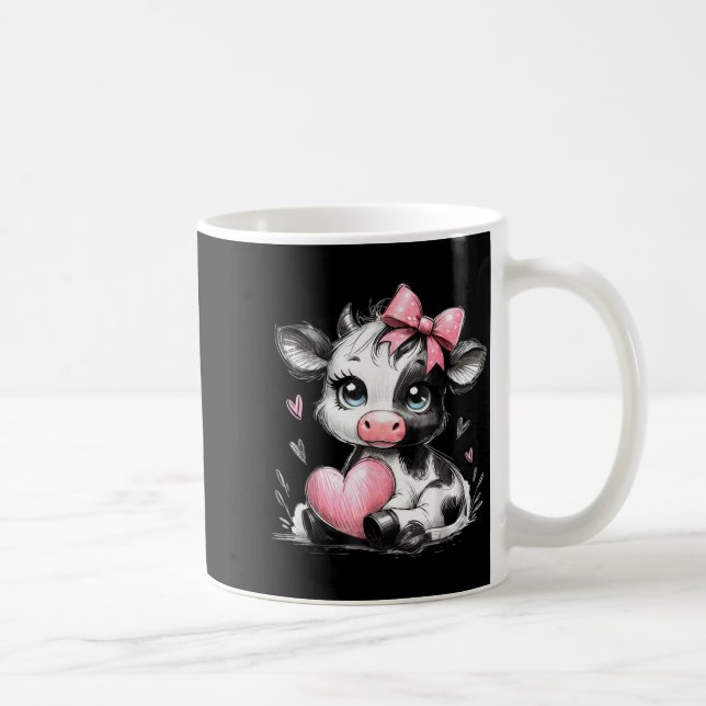 Cute Baby Cow With Nk Coquette Bow Holding Heart  Coffee Mug (Right)