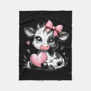 Cute Baby Cow With Nk Coquette Bow Holding Heart  Fleece Blanket