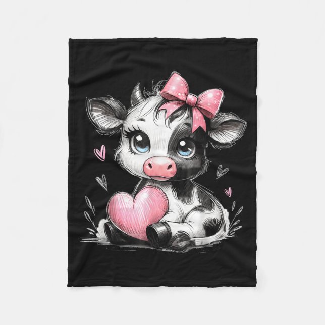 Cute Baby Cow With Nk Coquette Bow Holding Heart  Fleece Blanket (Front)