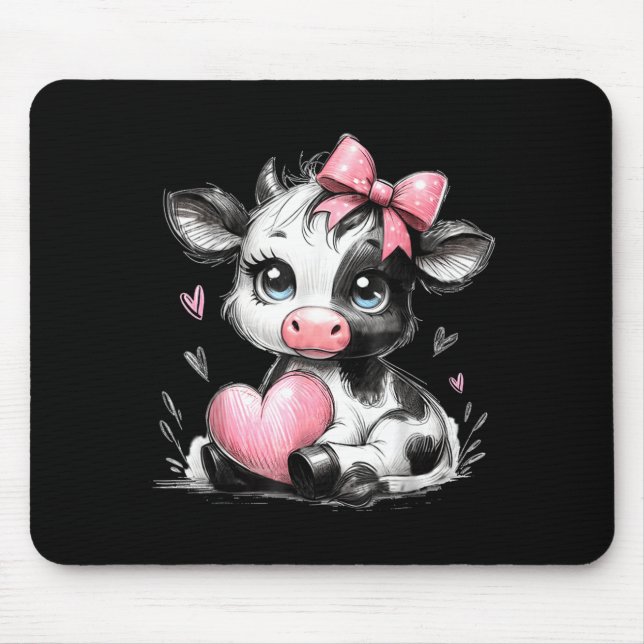 Cute Baby Cow With Nk Coquette Bow Holding Heart  Mouse Mat (Front)