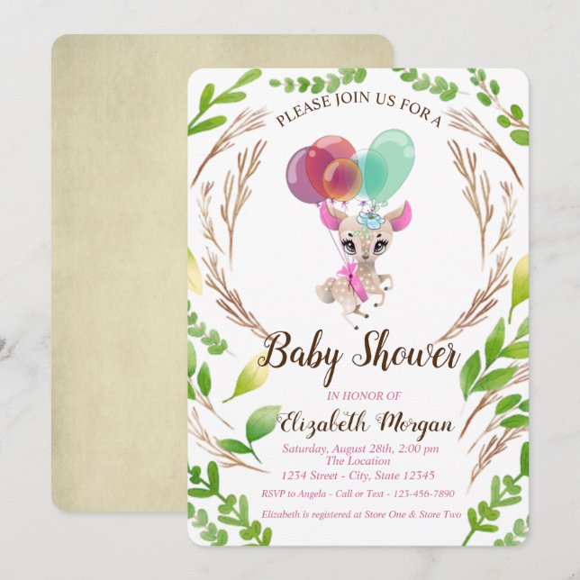 Cute Baby Dear, Ballocns, Leaves Invitation (Front/Back)