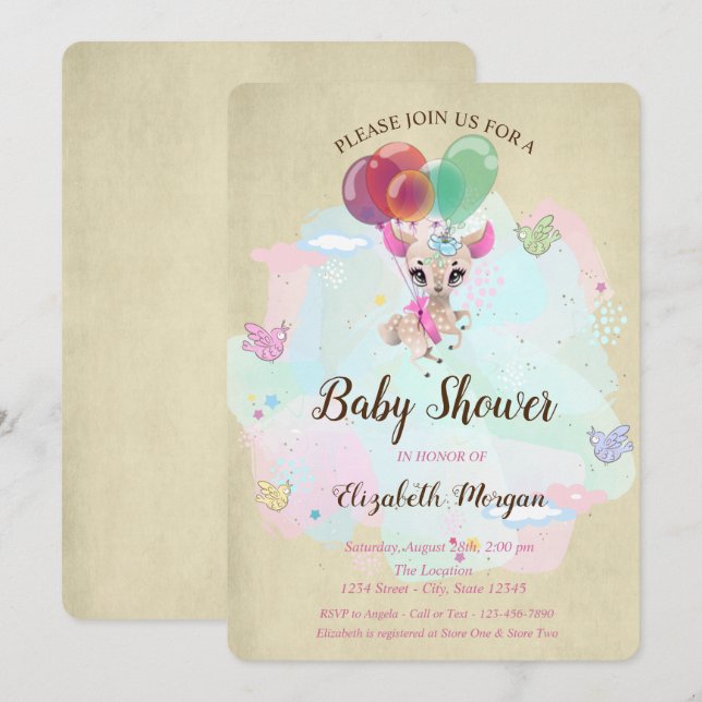 Cute Baby Dear, Balloons, Butterfly Baby Shower Invitation (Front/Back)