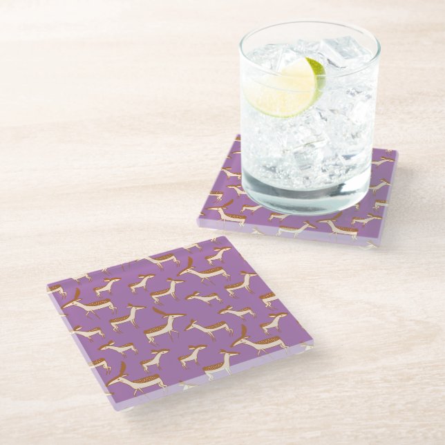 Cute Baby Deer and Family on Lavender Purple Glass Coaster (Angled)