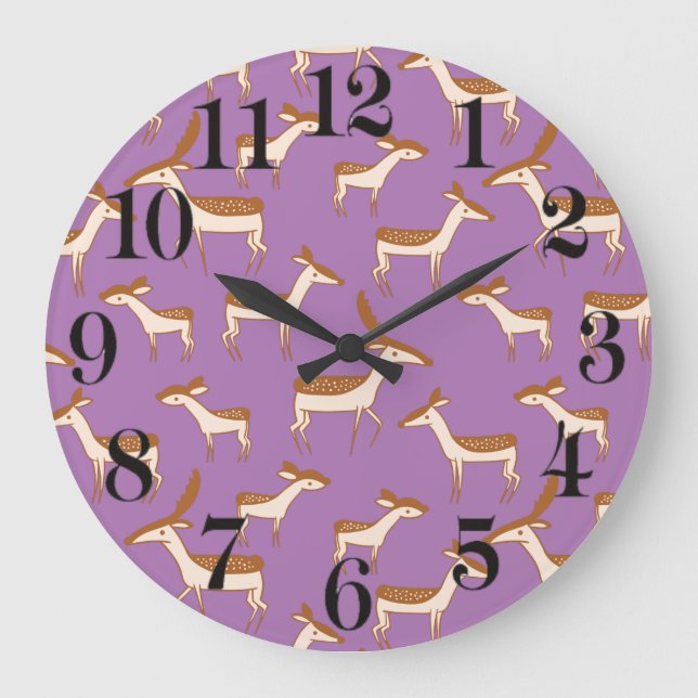 Cute Baby Deer and Family on Lavender Purple Large Clock (Front)