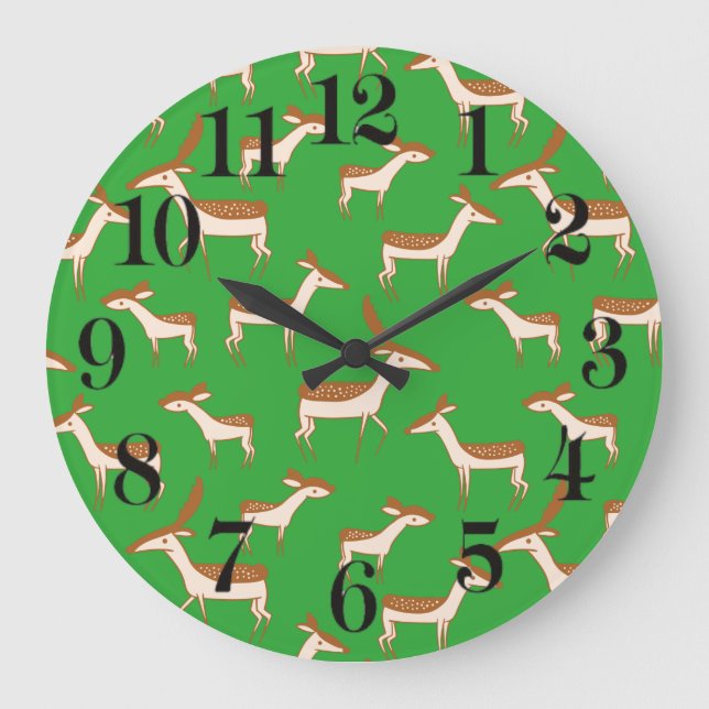 Cute Baby Deer and Family on Light Green Large Clock (Front)