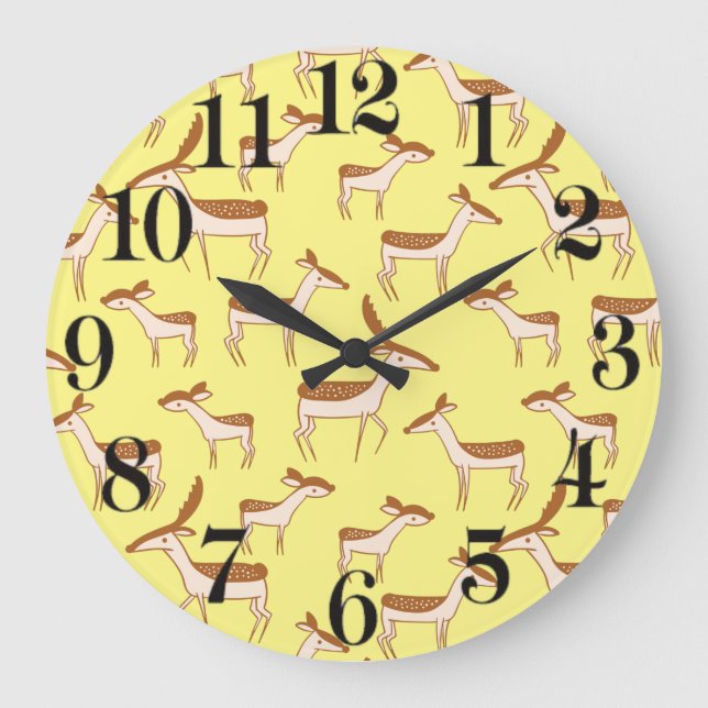 Cute Baby Deer and Family on Pastel Yellow Large Clock (Front)