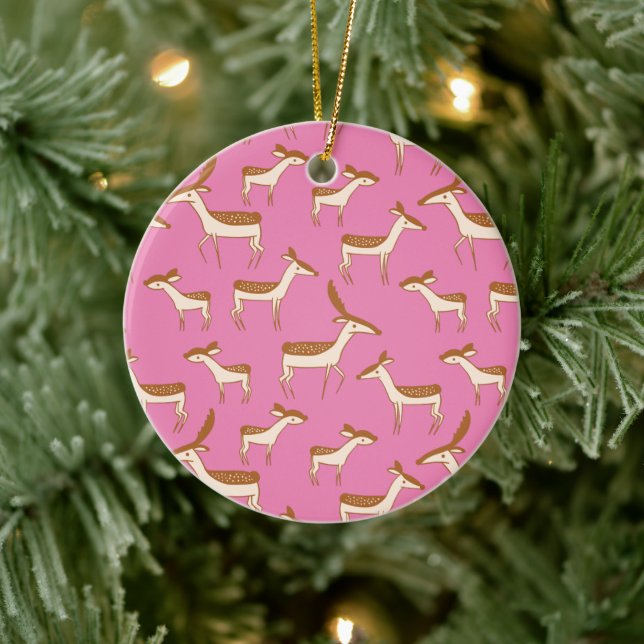 Cute Baby Deer and Family on Pink Ceramic Tree Decoration (Tree)