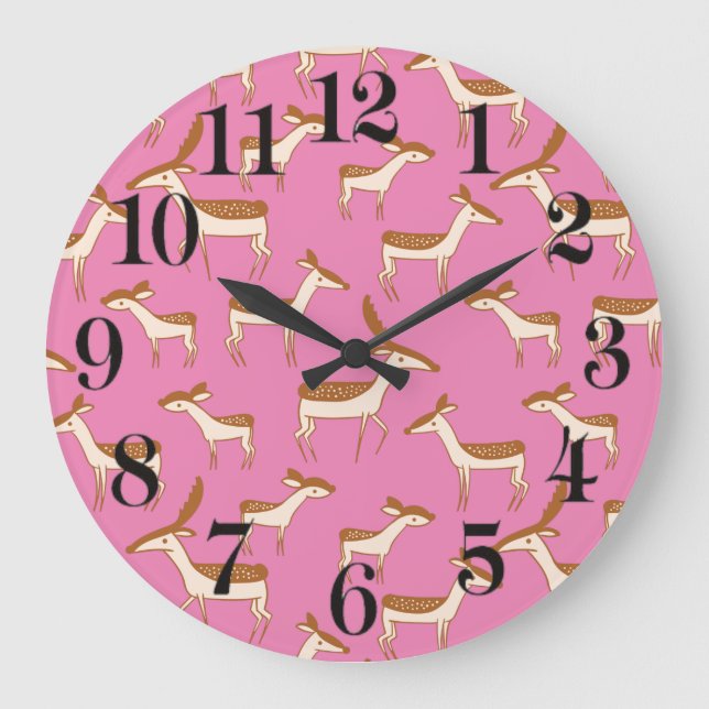 Cute Baby Deer and Family on Pink Large Clock (Front)