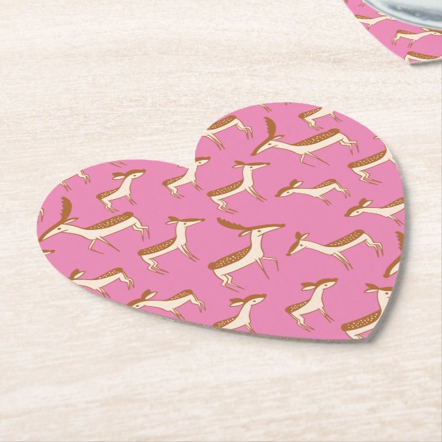 Cute Baby Deer and Family on Pink Paper Coaster (Angled)