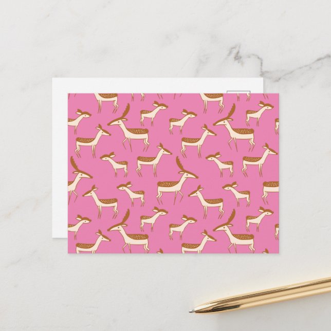 Cute Baby Deer and Family on Pink Postcard (Front/Back In Situ)