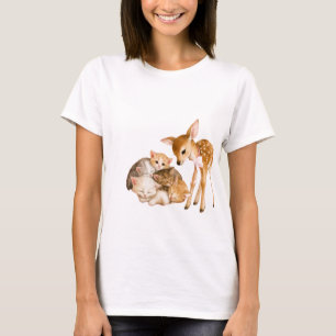 Cute Baby Deer and Kittens Watercolor Illustration T-Shirt