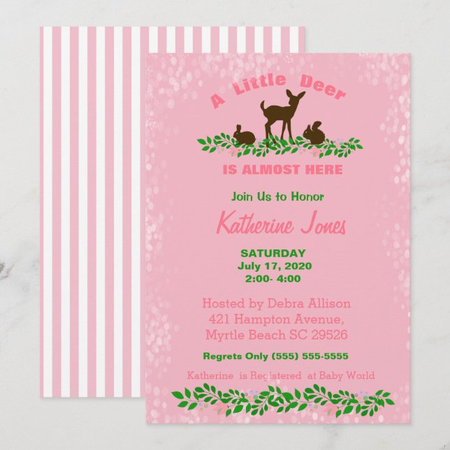 Cute Baby Deer Baby Shower Invitation(Pink) Invitation (Front/Back)