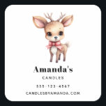 Cute Baby Deer Cartoon Drawing Business Square Sticker<br><div class="desc">Business stickers with an illustration of an adorable baby deer. Big eyes big ears with a large head and little brown antlers. Wearing a big red bow.</div>
