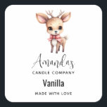 Cute Baby Deer Cartoon Drawing Candle Business Square Sticker<br><div class="desc">Candle,  soap,  or kitchen product stickers with an illustration of an adorable baby deer. Big eyes big ears with a large head and little brown antlers. Wearing a big red bow.</div>