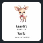 Cute Baby Deer Cartoon Drawing Candle Business Square Sticker<br><div class="desc">Candle,  soap,  kitchen or other crafting product stickers with an illustration of an adorable baby deer. Big eyes big ears with a large head and little brown antlers. Wearing a big red bow.</div>