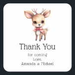 Cute Baby Deer Cartoon Drawing Party Thank You Square Sticker<br><div class="desc">Thank you party stickers with an illustration of an adorable baby deer. Big eyes big ears with a large head and little brown antlers. Wearing a big red bow.</div>